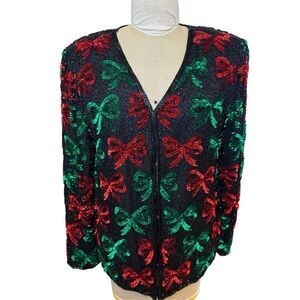 Laurence Kazar Silk Beaded Sequin Jacket XXL Christmas Vintage